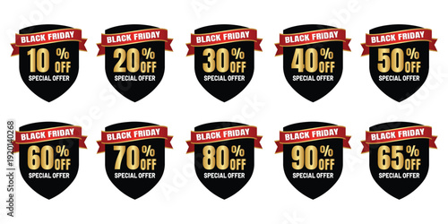 A black Black Friday Offer shield shaped advertisement displays a striking 60 off offer for a black friday special utilizing gold text