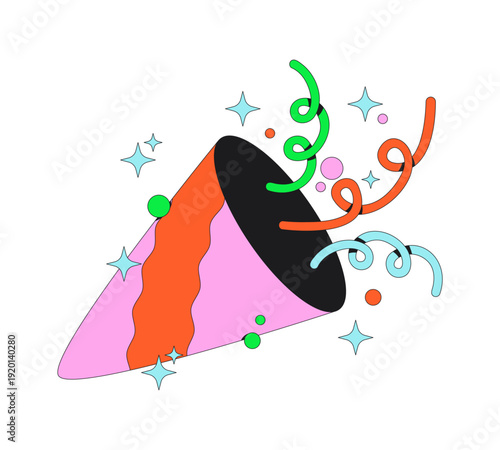 Funky party popper fanfare flash message success illustration. Celebration burst with confetti and sparkles. Done UI state. Web design. Mobile onboarding. Flat vector concept. Micro UX scene