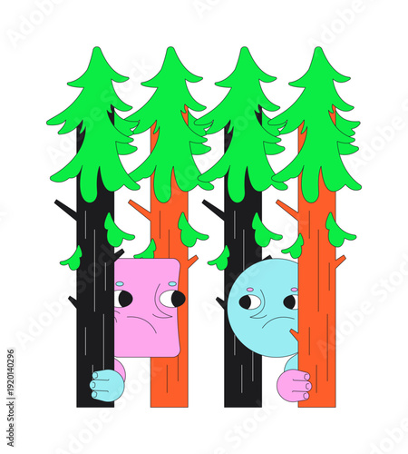 Lost in forest funky groovy flash message error illustration. 70s characters hiding behind fir trees. UI empty state. Failure web design. Mobile onboarding. Flat vector concept. Micro UX scene