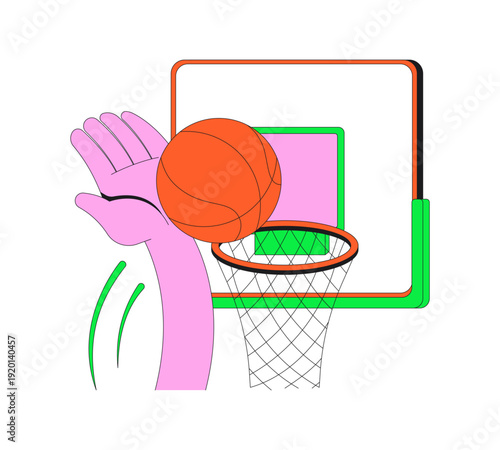 Slam dunk funky groovy flash message success illustration. Basketball scoring shot. Athletic victory. Goal reached. Done UI state. Web design. Mobile onboarding. Flat vector concept. Micro UX scene