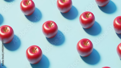 64.3D rendered red apples evenly arranged in a tiled pattern on a smooth matte blue background, each apple casting soft shadows for depth