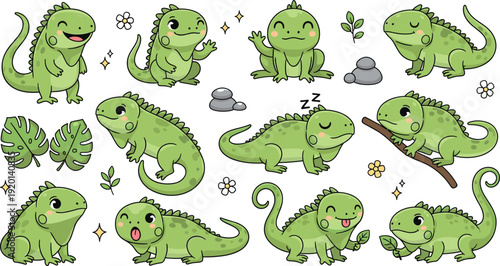 Cute green iguana cartoon set with funny poses and expressions
