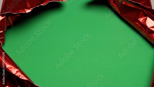 Red Gift Wrap Tearing Open to Reveal Green Screen Background