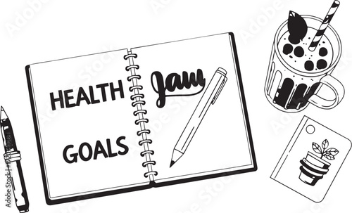 Health Goals Planner Notebook with Fresh Smoothie – Nutrition Planning Concept for Wellness Programs and Diet Campaign