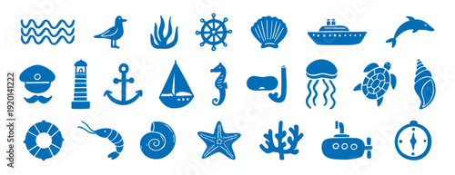 hand drawn doodle sea silhouette elements. marine ships, sailors and underwater plants, shells, starfish and corals.