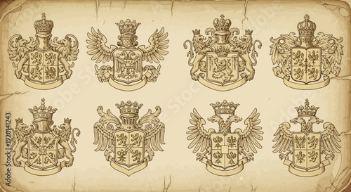 Vintage heraldic crests with crowns and shields on parchment