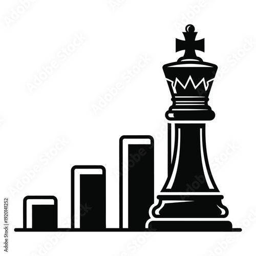 Black chess king piece standing on a rising bar graph, symbolizing strategic growth