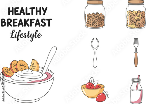 Cartoon vector illustration set of sweet food and drinks featuring breakfast icons like cake, strawberry jam jar, milk bottle, bread, cheese, and tea cup