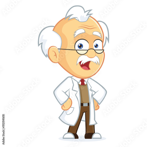 Angry scientist cartoon character yelling in lab coat and glasses vector illustration