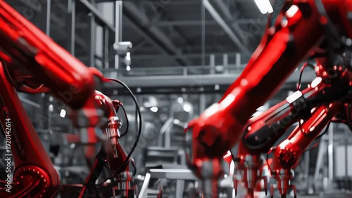 Close-up view of industrial robotic arms in a factory setting with metallic equipment and a predominantly red and gray color scheme.