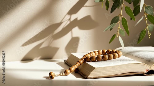 Serene still life with wooden prayer beads, book, and greenery under soft natural light