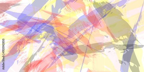 An abstract digital painting features overlapping translucent shapes in shades of pale yellow light gray and soft blue creating a dynamic composition high-quality.