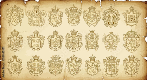 Vintage heraldic crests on parchment