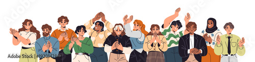 Group of spectators is applauding together. Audience's applause. Happy people are clapping hands. Men and women celebrate success, support with cheers. Flat isolated vector illustrations on white