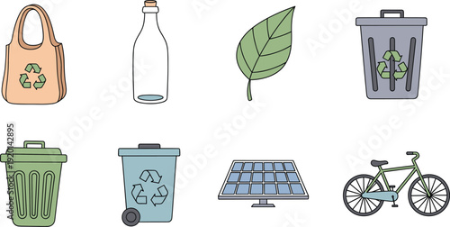 A green recycle bin icon with the recycle symbol sits isolated near a glass bottle vase holding a leafy spring plant to represent ecology and life growth