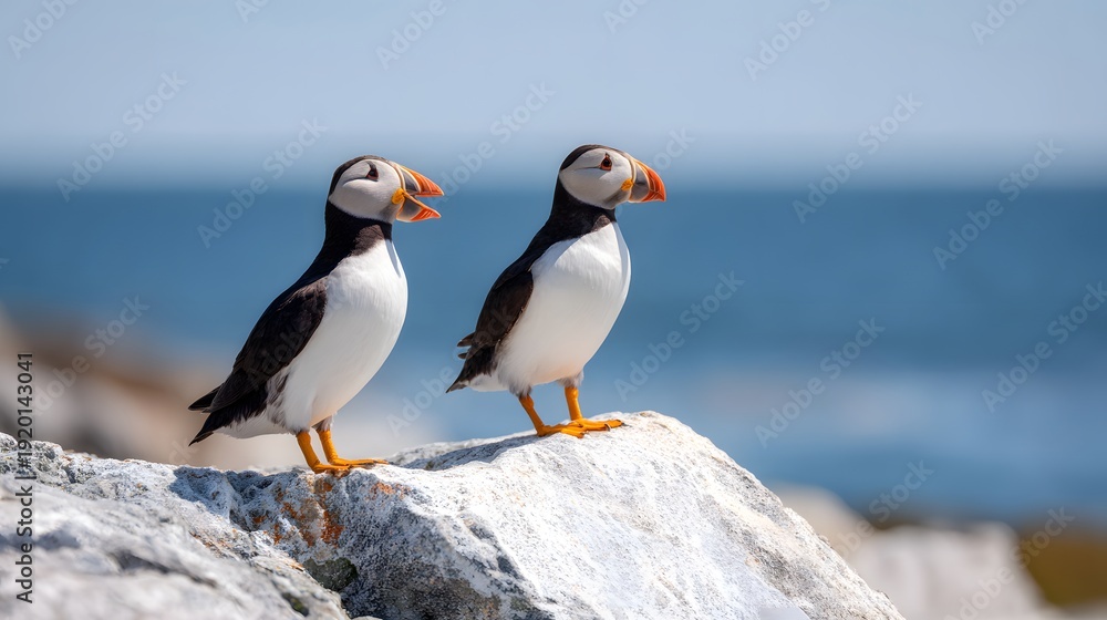 Fototapeta premium two Atlantic puffins standing on a coastal rock