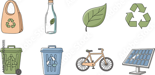 An isolated vintage red bicycle with a black wheel and pedal stands next to a white recycle bin with a recycle symbol near a glass bottle illustration for sport and eco-friendly transport