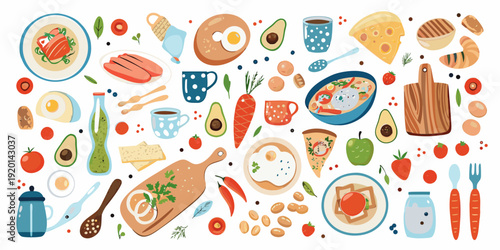 Colorful illustration depicting a variety of breakfast and brunch food items