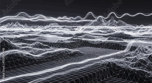 Futuristic digital landscape with glowing white lines and grid patterns