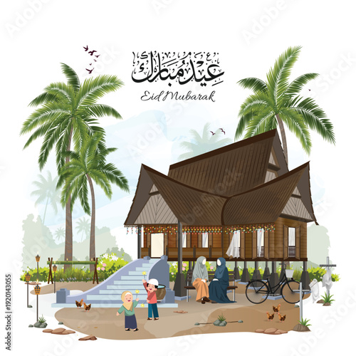 Traditional Malay Kampung House Eid Mubarak Illustration with Coconut Trees and Village Scene featuring a wooden stilt house, festive decorations, pelita lamps and a peaceful rural atmosphere.