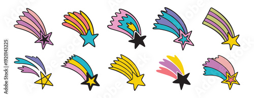 falling stars hand drawn cartoon doodle isolated on white background cartoon set. Making a wish line clipart symbol