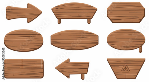 Rustic Wooden Signboard and Arrow Vector Set featuring a variety of timber planks, hanging boards, and directional arrows with realistic wood grain, perfect for outdoor signage and vintage branding.