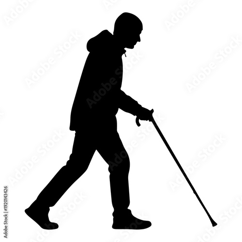 Elderly Man Walking with Cane Silhouette Vector Illustration, Flat Design