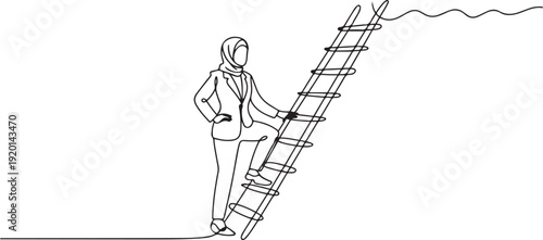 Single one line drawing of young smart Arab business woman climb the ladder up carefully, metaphor. Business growth minimal concept. one line Icon drawing