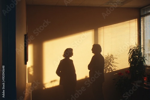 Silhouetted figures of two people conversing, bathed in warm light from window