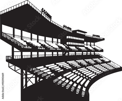 Black vector silhouette illustration of a large stadium building with empty seats and lights