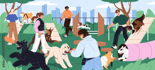 People teach their dogs in animals' playground in urban park. Owners are training cute puppies to agility in fenced pet zone while walk. Happy men and women play with pups. Flat vector illustration