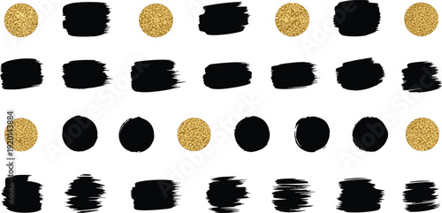 Black brush strokes and gold glitter circle shapes set