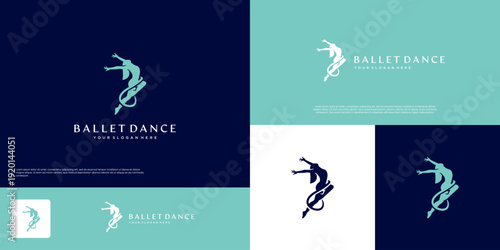 jumping ballerina logo, dancing woman, balance, vector graphic template.