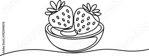 Single continuous line drawing 2 strawberries and cream in a small bowl. Enjoy the freshness while it is still cold and frozen. National Strawberries and Cream Day. one line Icon drawing