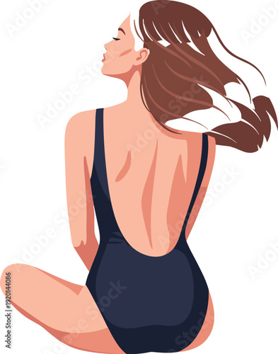 Woman in swimsuit sitting back view minimalist summer illustration