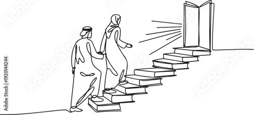 Single one line drawing Arab man woman climb stairs from the book stack. Towards the wide open door. Metaphor of finding answers from books. Book festival. one line Icon drawing
