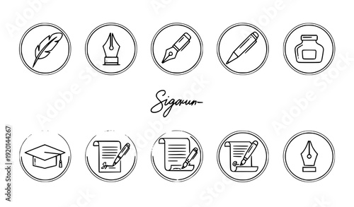 Modern Pen Outline Icon Set with Feather Quill Fountain Nib and Writing Symbols