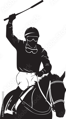 Winning jockey on horse vector illustration silhouette with whip raised and clean line art