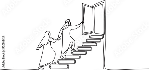Single one line drawing Arab man woman climb stairs from the book stack. Towards the wide open door. Metaphor of finding answers from books. Book festival. one line Icon drawing