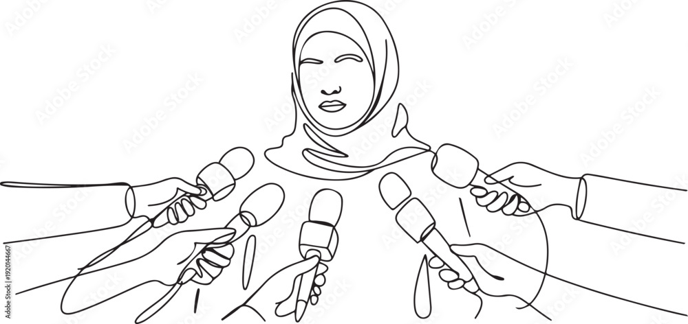Fototapeta premium Single one line drawing interview with young Arabian girl. Digital journalism. News conference world live tv hands of journalists microphones interview. one line Icon drawing