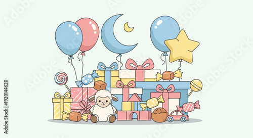 Colorful baby shower gifts and toys with balloons and teddy bear on white background festive celebration