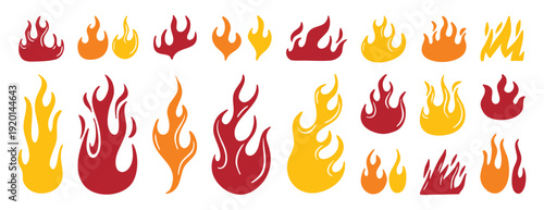 set of flame and fire. Colored hand drawn doodle elements. Flame silhouette, flames, different shapes, cartoon style, simple shapes, ornate, graceful lines, a set of isolated elements.