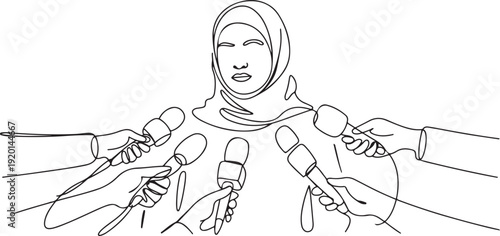 Single one line drawing interview with young Arabian girl. Digital journalism. News conference world live tv hands of journalists microphones interview. one line Icon drawing