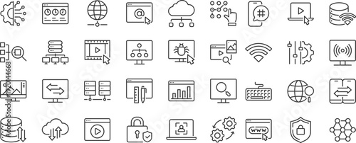 Internet computer web icons. Cloud technology, data center, connection network, digital service, database platform, collection. Editable stroke. Vector
