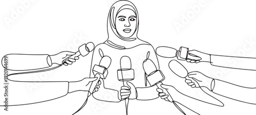 Single one line drawing interview with young Arabian girl. Digital journalism. News conference world live tv hands of journalists microphones interview. one line Icon drawing