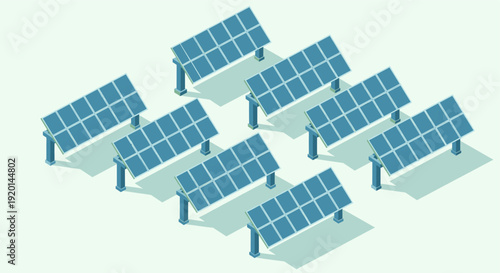 Illustration of multiple isometric solar panels on a light background. Useful for depicting sustainable energy, technology, environment, or a futuristic theme.