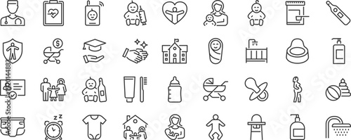 Child care web icons. Nurse, healthy eating, sleep, hygiene, crib, toys, infant, collection. Editable stroke. Vector