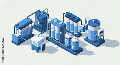 Isometric vector art featuring a complete industrial water purification system. Ideal for use in presentations, websites and print materials related to industry, engineering, and technology.
