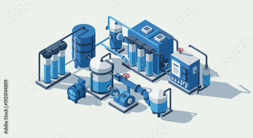 Isometric illustration of a blue and white water filtration system. Perfect for infographics, websites, or educational materials about water treatment and industrial processes.