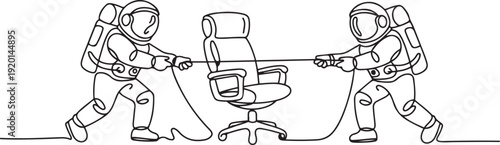 Single continuous line drawing two emotional astronaut fighting over office chair. A rare luxury office chair to be used in moon surface. one line Icon drawing